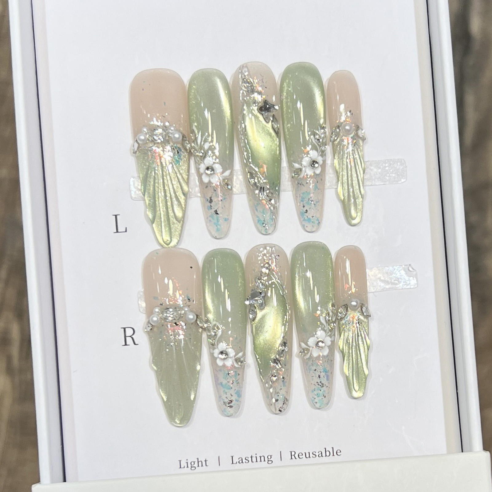 10pcs Long Almond Fake Nails T - Pressed Flower Art 评论和价格